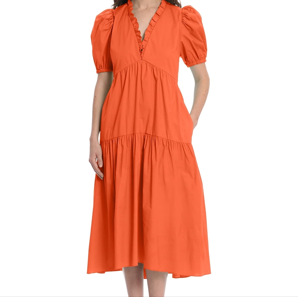 Donna Morgan Ruffle V-Neck Tiered Dress Puff Short Sleeves